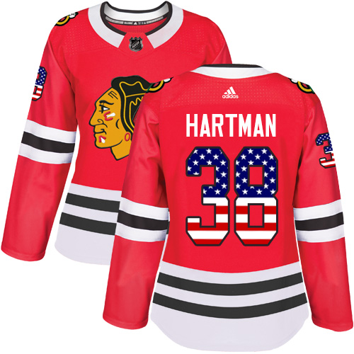 Adidas Blackhawks #38 Ryan Hartman Red Home Authentic USA Flag Women's Stitched NHL Jersey - Click Image to Close